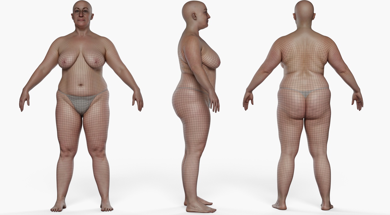 Wireframe topology overlay on a fuller-figured female 3D body scan showing clean quad mesh edge loops